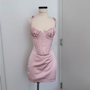 House of CB Blush Pink Corset Satin Mini Dress with Tie Straps